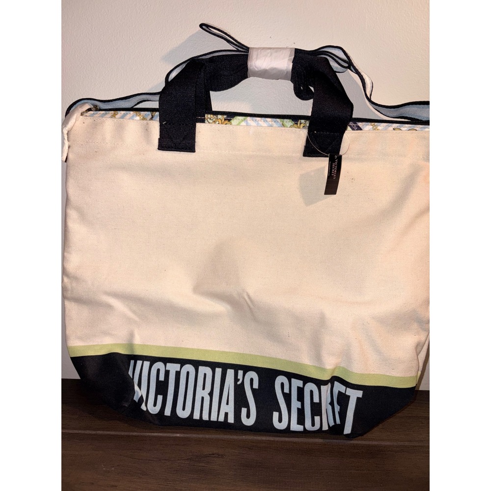 Victorias Secret 2-in-1 Canvas Tote Bag Set Cream Black Nautical Print NWT